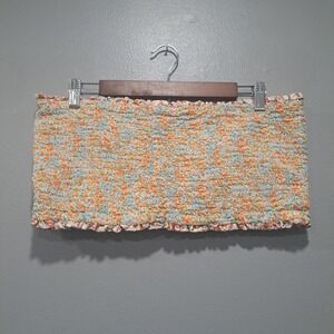 American Eagle Smocked Tube Top XL Floral Strapless Ruffle Crop Orange Blue XL